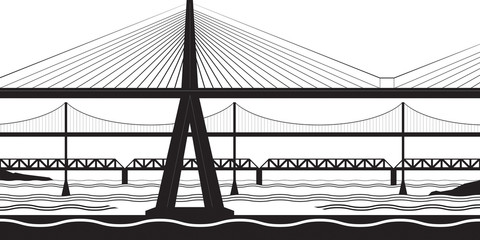 Various bridges cross the river - vector illustration