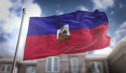 Fototapeta na wymiar Haiti Flag 3D Rendering on Blue Sky Building Background