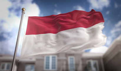 Fototapeta na wymiar Indonesia Flag 3D Rendering on Blue Sky Building Background