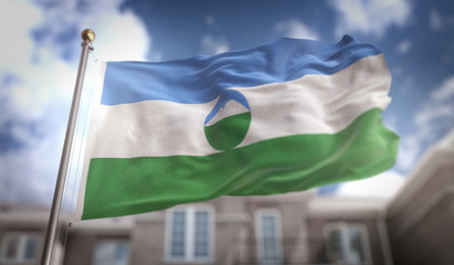 Fototapeta na wymiar Kabardino-Balkaria Flag 3D Rendering on Blue Sky Building Background
