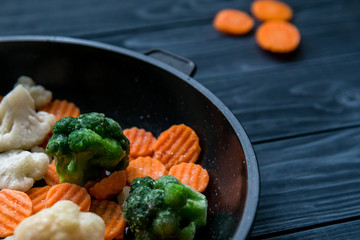 Healthy vegetables on pan. Close up.