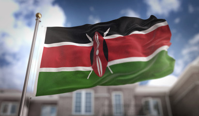 Fototapeta na wymiar Kenya Flag 3D Rendering on Blue Sky Building Background