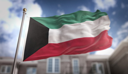 Fototapeta na wymiar Kuwait Flag 3D Rendering on Blue Sky Building Background