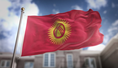 Fototapeta na wymiar Kyrgyzstan Flag 3D Rendering on Blue Sky Building Background