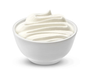 Sour cream in bowl isolated on white background, one of the collection of various sauces