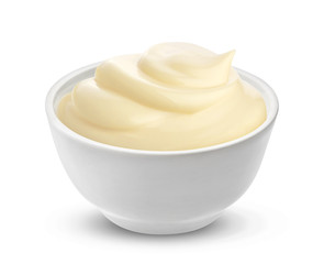 Mayonnaise sauce in bowl isolated on white background with clipping path. One of the collection of various sauces