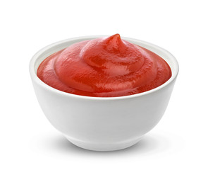 Ketchup in bowl isolated on white background. Portion of tomato sauce. With clipping path. One of...