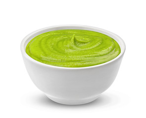 Bowl with wasabi sauce isolated on white background, one of the collection of various sauces - obrazy, fototapety, plakaty