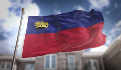 Liechtenstein Flag 3D Rendering on Blue Sky Building Background