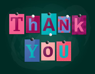 Thank you text from magazine letters attached to a blackboard with magnets. Vector.