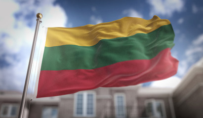 Fototapeta na wymiar Lithuania Flag 3D Rendering on Blue Sky Building Background