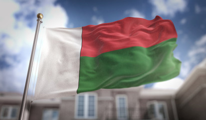 Fototapeta na wymiar Madagascar Flag 3D Rendering on Blue Sky Building Background
