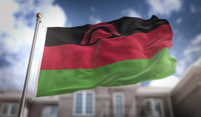 Malawi Flag 3D Rendering on Blue Sky Building Background