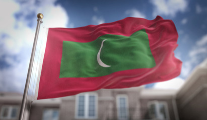Fototapeta na wymiar Maldives Flag 3D Rendering on Blue Sky Building Background