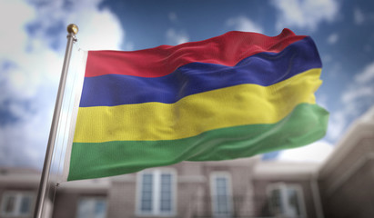 Fototapeta na wymiar Mauritius Flag 3D Rendering on Blue Sky Building Background