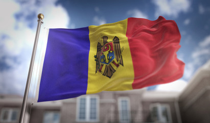 Fototapeta na wymiar Moldova Flag 3D Rendering on Blue Sky Building Background