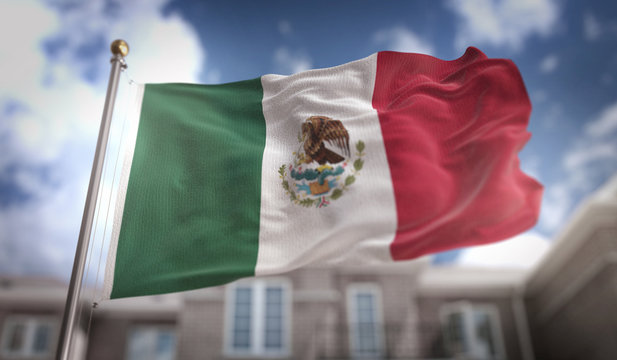 Mexico Flag 3D Rendering On Blue Sky Building Background