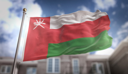Fototapeta na wymiar Oman Flag 3D Rendering on Blue Sky Building Background