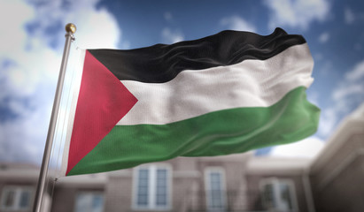 Fototapeta na wymiar Palestine Flag 3D Rendering on Blue Sky Building Background