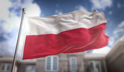 Fototapeta na wymiar Poland Flag 3D Rendering on Blue Sky Building Background