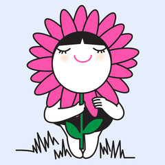 Pretty Girl In A Black Dress Disguise With Pink Flower COncept Card Character illustration
