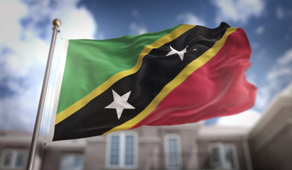 Fototapeta na wymiar Saint Kitts and Nevis Flag 3D Rendering on Blue Sky Building Background