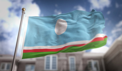 Fototapeta na wymiar Sakha Republic Flag 3D Rendering on Blue Sky Building Background