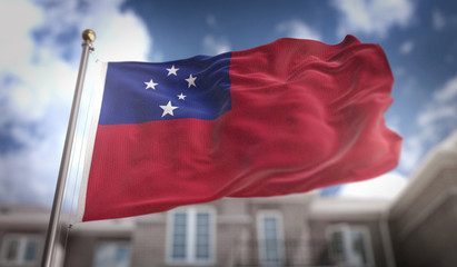 Fototapeta na wymiar Samoa Flag 3D Rendering on Blue Sky Building Background