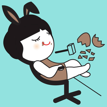 Happy Girl Relaxing After Having Easter Chocolate Egg Concept Card Character illustration