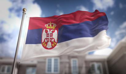 Obraz na płótnie Canvas Serbia Flag 3D Rendering on Blue Sky Building Background