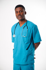 Black doctor with stethoscope isolated on white