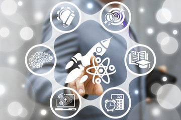 Business industrial STEM education concept. Start up. Online e-learning. Learning, internet training knowledge technology. Man touched rocket atom icon on virtual screen.