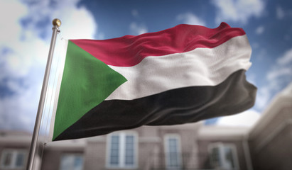 Fototapeta na wymiar Sudan Flag 3D Rendering on Blue Sky Building Background