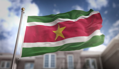 Fototapeta na wymiar Suriname Flag 3D Rendering on Blue Sky Building Background