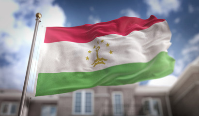 Fototapeta na wymiar Tajikistan Flag 3D Rendering on Blue Sky Building Background