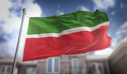 Fototapeta na wymiar Tatarstan Flag 3D Rendering on Blue Sky Building Background