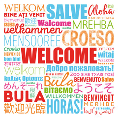 WELCOME word cloud in different languages, conceptual background