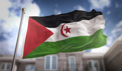Fototapeta na wymiar Sahrawi Flag 3D Rendering on Blue Sky Building Background