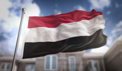 Fototapeta na wymiar Yemen Flag 3D Rendering on Blue Sky Building Background