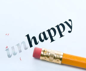 Word unhappy happy and pencil 