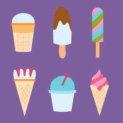 Set ice cartoon colorful cream dessert vector illustration chocolate food sweet cold isolated icon snack cone tasty fruit frozen candy collection