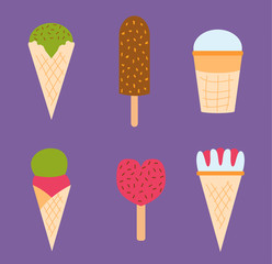 Set ice cartoon colorful cream dessert vector illustration chocolate food sweet cold isolated icon snack cone tasty fruit frozen candy collection