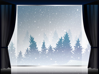 Fototapeta premium view of snowstorm and pine wood in room with large window
