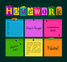 Text Homework and colorful sticky paper attached to a blackboard with magnets. Vector.