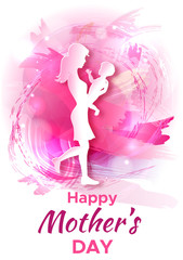 Mother's day origami paper art greeting card with mom holding baby silhouette. Carved vector illustration with  watercolor splashes