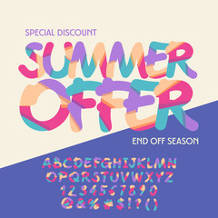 Bright banner with text Summer offer. Vector set of colorful letters, numbers and symbols