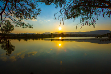 Sunset in the lake of countryside Northern Thailand