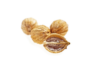 Seeds of coriander on a white background. Selective focus.