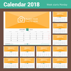 Wall Monthly Calendar for 2018 Year. Vector Design Print Template with Place for Photo. Week Starts on Monday. Landscape Orientation