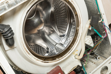 Fototapeta premium Repair old laundry washer. Extracting the water pump.